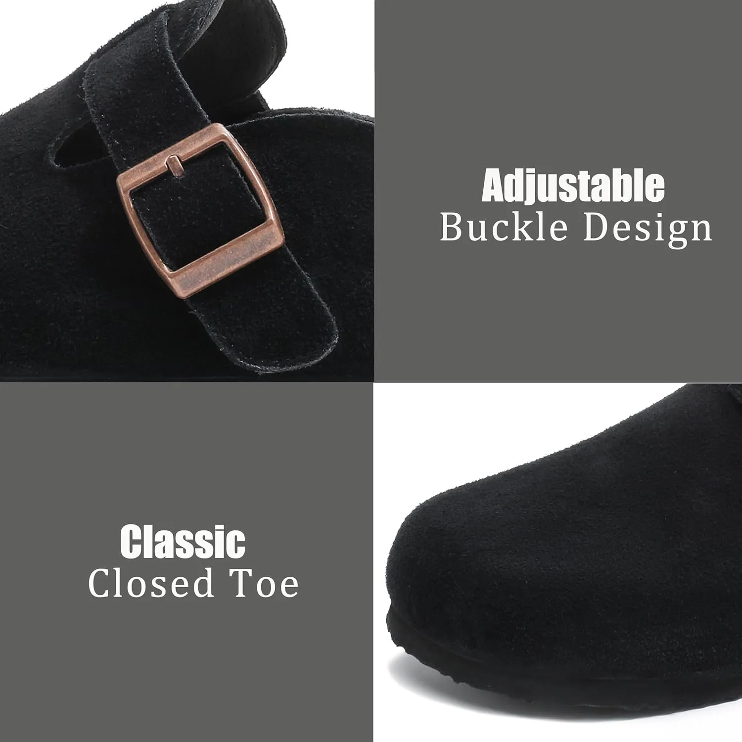 Suede Clogs for Women Leather Mules with Cork Footbed Arch Support Potato Shoes Men Womens Slip-On Clog with Adjustable Buckle Unisex Slippers Flats