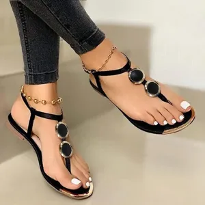 Summer Beach Sandals for Women 2025,Crystal Rhinestone Pearl Flat Sandals for Women Dressy Bling Sparkly Thong Sandals Comfortable T Strap Slip-On Shoes Casual Walking Sandals Strappy Sandals ﻿