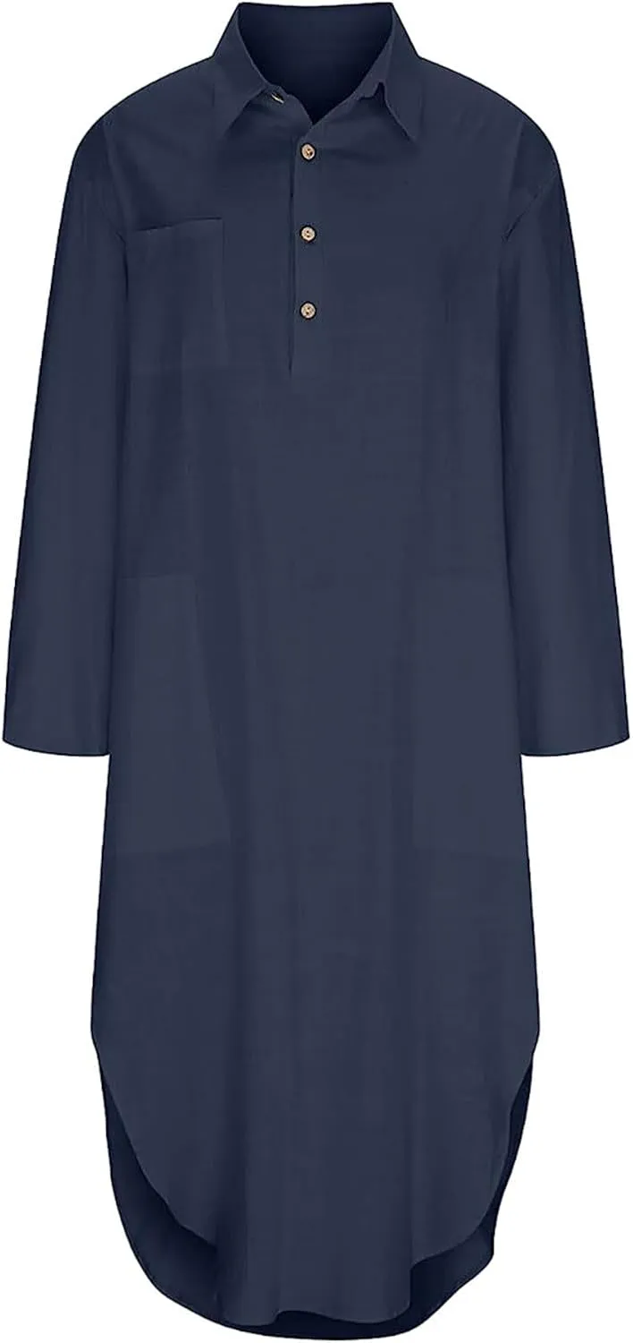 Summer Casual Dresses for Women Loose Comfy Cotton Linen Long Shirt Dress Lapel Button Sleeve Dress with Slit Pockets