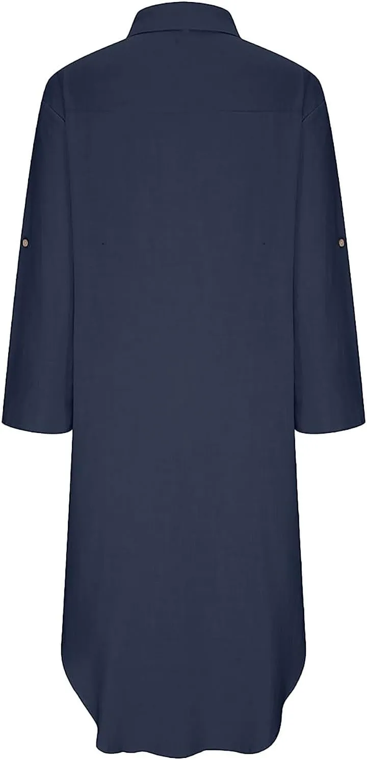 Summer Casual Dresses for Women Loose Comfy Cotton Linen Long Shirt Dress Lapel Button Sleeve Dress with Slit Pockets