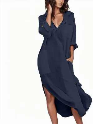 Summer Casual Dresses for Women Loose Comfy Cotton Linen Long Shirt Dress Lapel Button Sleeve Dress with Slit Pockets