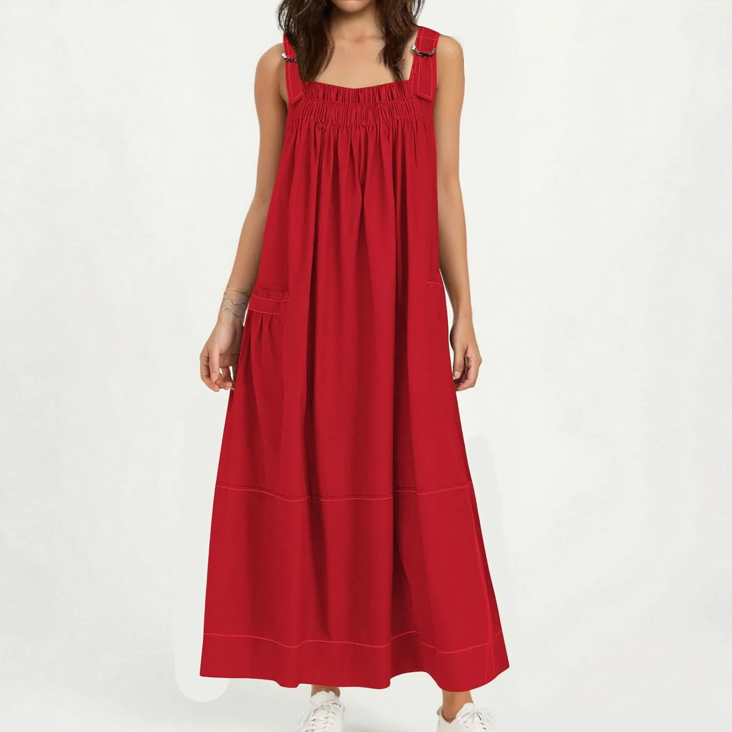 Summer Dress for Women Loose Adjustable Strap Big Pockets Work Jumper Dresses Midi Bib Overall Fashion Clothes