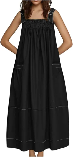 Summer Dress for Women Loose Adjustable Strap Big Pockets Work Jumper Dresses Midi Bib Overall Fashion Clothes