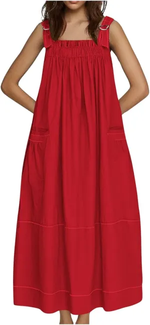 Summer Dress for Women Loose Adjustable Strap Big Pockets Work Jumper Dresses Midi Bib Overall Fashion Clothes