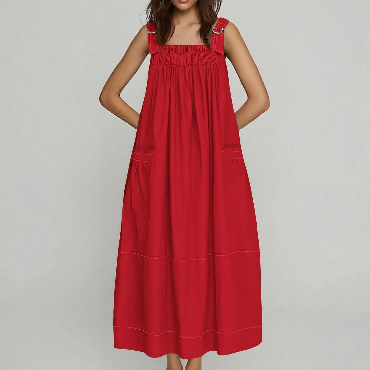 Summer Dress for Women Loose Adjustable Strap Big Pockets Work Jumper Dresses Midi Bib Overall Fashion Clothes