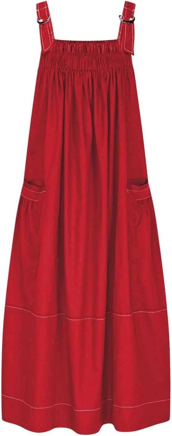 Summer Dress for Women Loose Adjustable Strap Big Pockets Work Jumper Dresses Midi Bib Overall Fashion Clothes