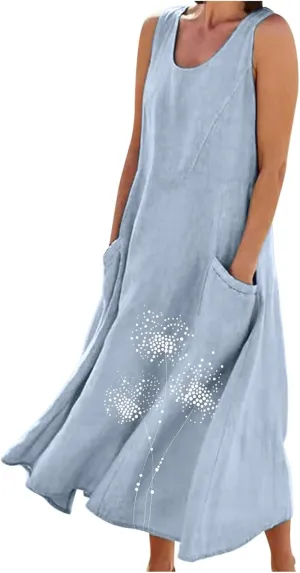 Summer Dress Women 2025 Casual Cotton Linen Tank Dresses Maxi Long Graphic Sundress w Pockets Beach Vacation Outfit