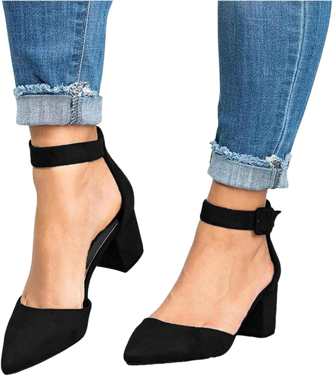 Summer Heeled Sandals for Women Casual Ankle Straps Buckle Pointed Toe Closed Toe Thick Heel High Heels Solid Comfy Ladies Square Heels Shoes Sandalias