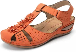 Summer Hollow Sandals for Women Fashion Flower Round Toe Strap Buckle Soft Sole Shoes Ladies Girl Comfortable Wedge Sandals