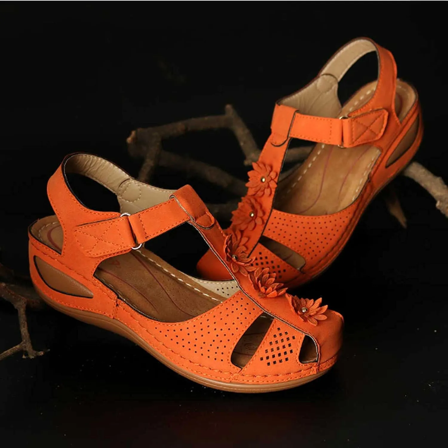 Summer Hollow Sandals for Women Fashion Flower Round Toe Strap Buckle Soft Sole Shoes Ladies Girl Comfortable Wedge Sandals