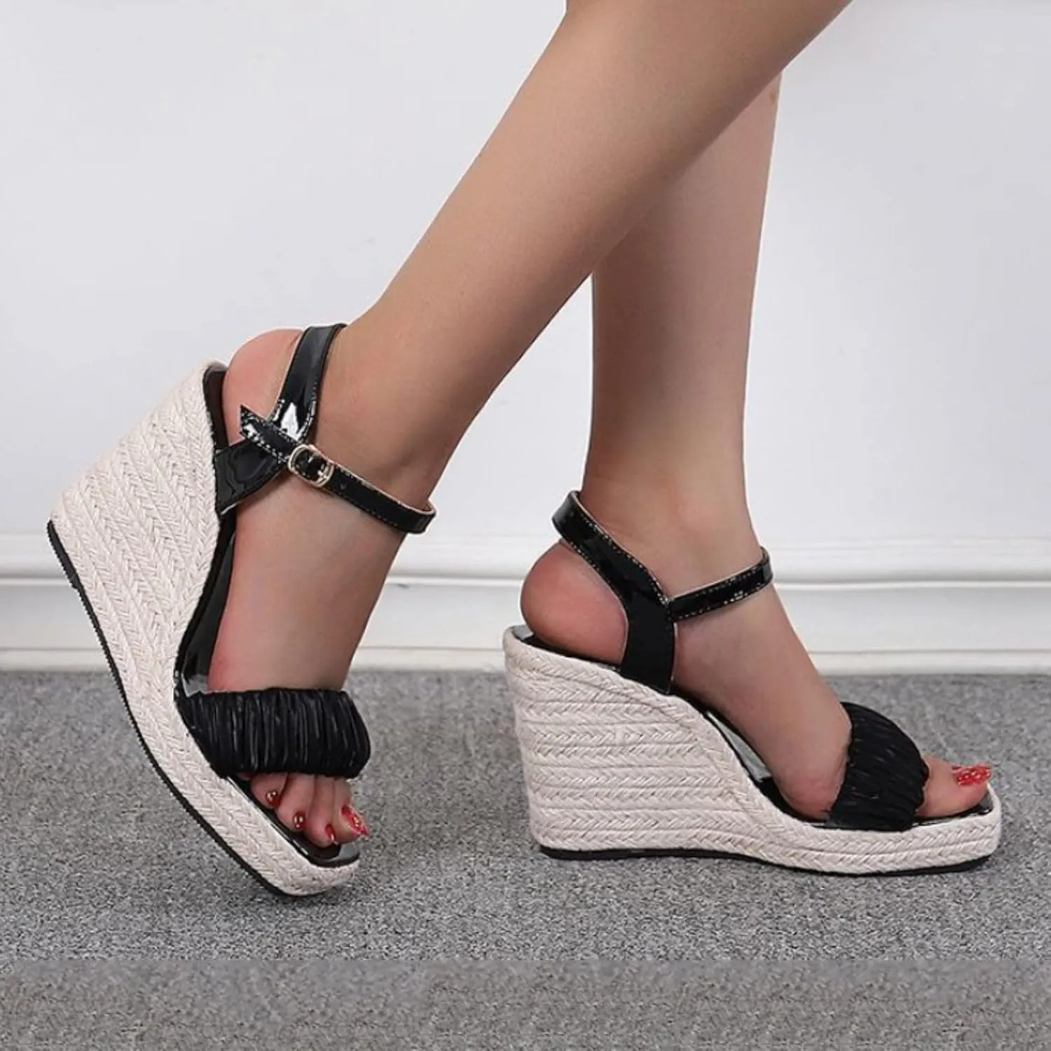 Summer Open Toe High Heel Women's Straw Woven Thick Sole Wedge Sandals Buckled Roman Slip on Athletic Sandals for Women (Black, 7.5)