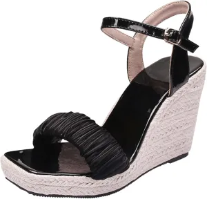 Summer Open Toe High Heel Women's Straw Woven Thick Sole Wedge Sandals Buckled Roman Slip on Athletic Sandals for Women (Black, 7.5)