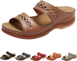 Summer Sandals for Women 2025 Arch Support Orthopedic Sandals Embroidered Vintage Slip On Flip Flops Anti-Slip Breathable Walking Slippers Flat Comfortable Wedge Sandal