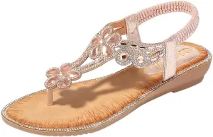 Summer Sandals For Women 2025,Women's Flat Sandals,Rhinestones Elastic Flip Flops Thong Strappy String T-Strap Crystal Ankle Strap Flowers Sparkly Dressy Wedges Beach Glitter Slides Boho Outdoor Shoes
