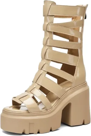 Summer Slim 12 CM Thick Super High Heels Platform Peep Toe Cut Out Narrow Band Zipper Genuine Leather Women Gladiator Sandals