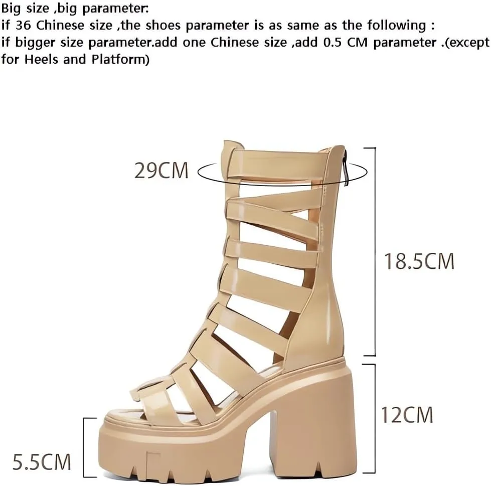 Summer Slim 12 CM Thick Super High Heels Platform Peep Toe Cut Out Narrow Band Zipper Genuine Leather Women Gladiator Sandals