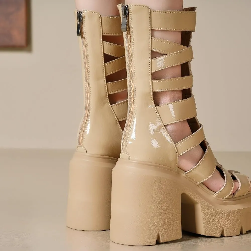 Summer Slim 12 CM Thick Super High Heels Platform Peep Toe Cut Out Narrow Band Zipper Genuine Leather Women Gladiator Sandals