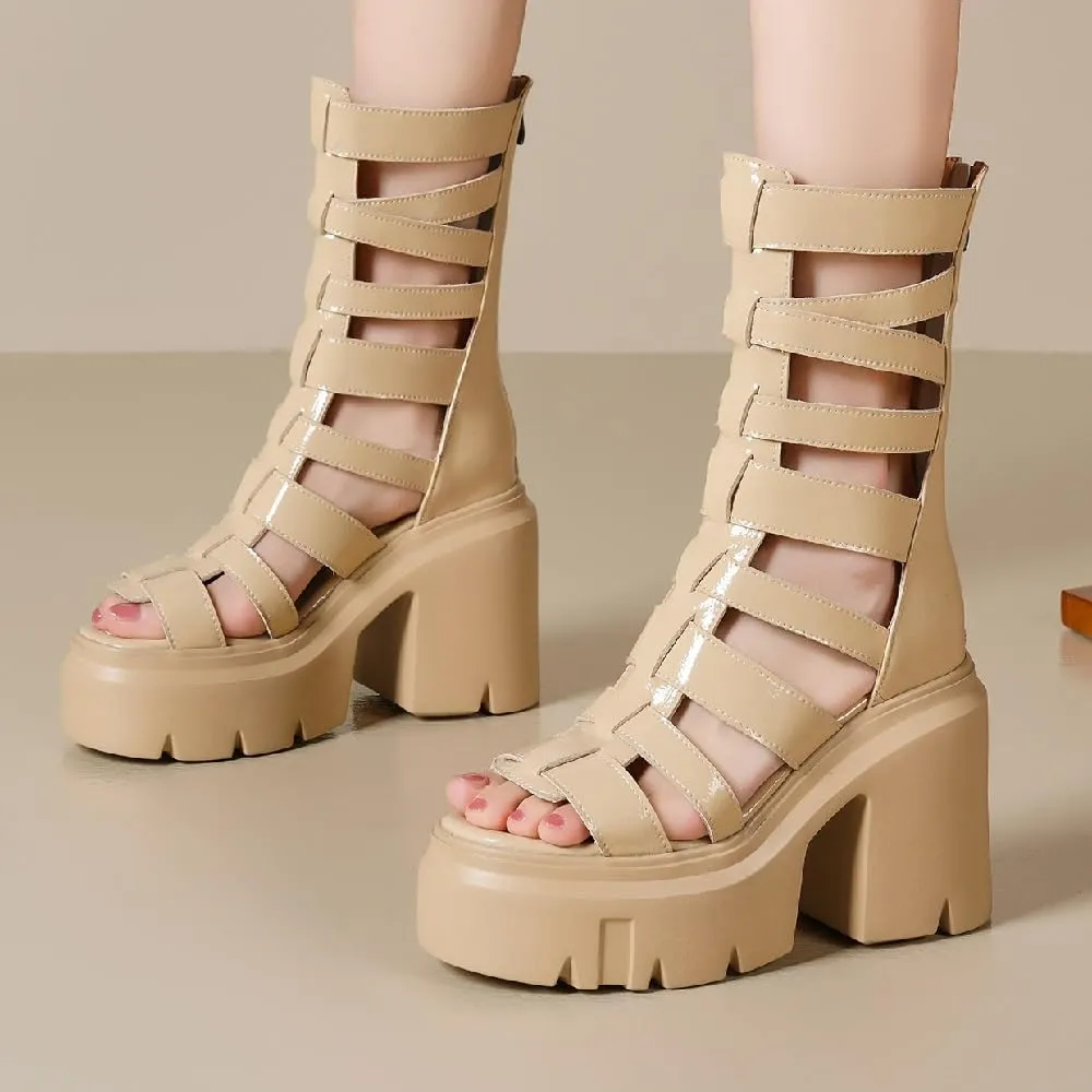 Summer Slim 12 CM Thick Super High Heels Platform Peep Toe Cut Out Narrow Band Zipper Genuine Leather Women Gladiator Sandals
