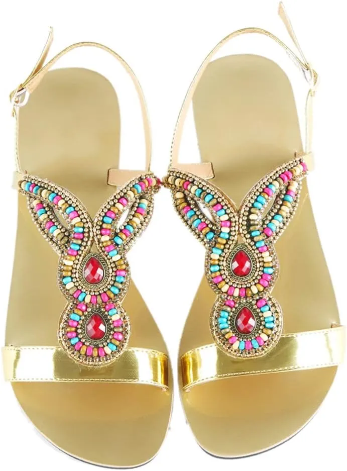 Summer Women Bohemia Folk Retro Sandals Lady Rhinestone Peep Toe Shoes Beach Slipper
