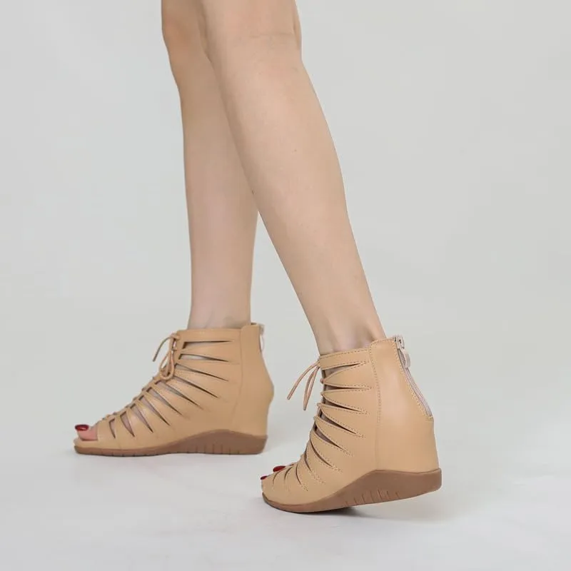 Summer Women's Wedge Heel Hollow High-Top Roman Boots - Fish Mouth Lace-Up Sandals with Back Zipper for Trendy Warm-Weather Wear