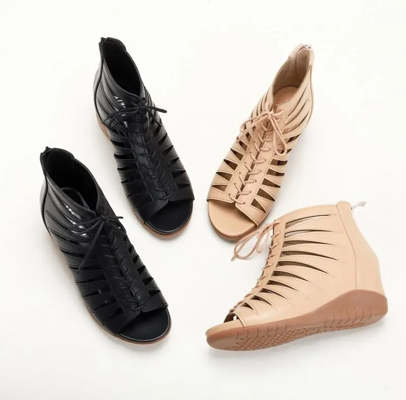 Summer Women's Wedge Heel Hollow High-Top Roman Boots - Fish Mouth Lace-Up Sandals with Back Zipper for Trendy Warm-Weather Wear