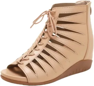 Summer Women's Wedge Heel Hollow High-Top Roman Boots - Fish Mouth Lace-Up Sandals with Back Zipper for Trendy Warm-Weather Wear