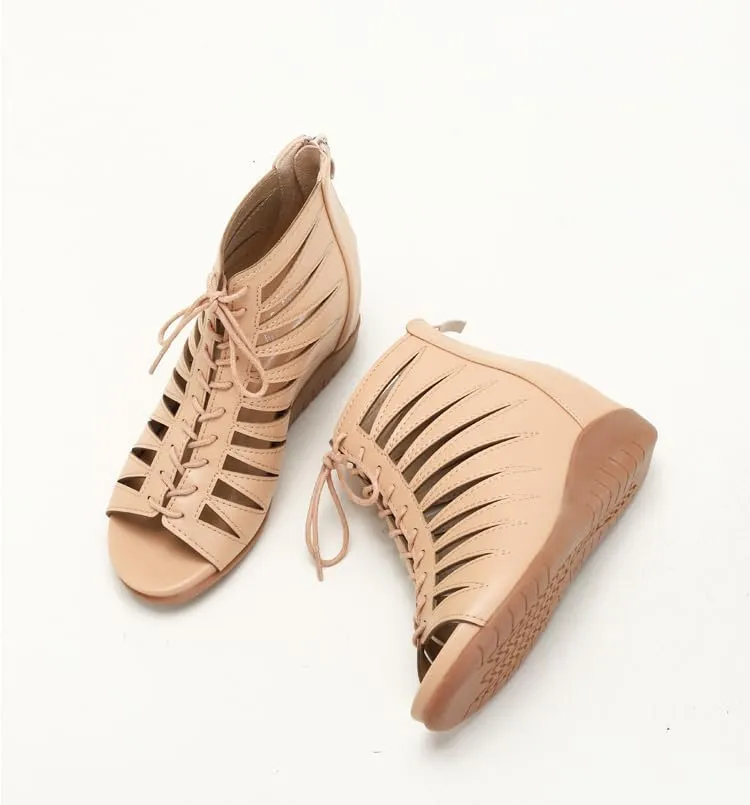 Summer Women's Wedge Heel Hollow High-Top Roman Boots - Fish Mouth Lace-Up Sandals with Back Zipper for Trendy Warm-Weather Wear