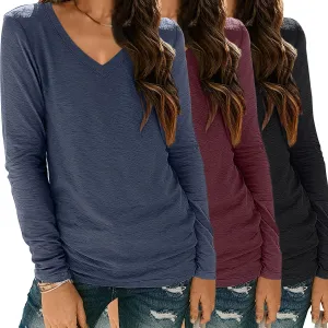SUNBS 3 Pack Womens Long Sleeve Shirts V Neck Tops Loose Fit Causal Fall Fashion Outfits Trendy Clothes Winter 2025