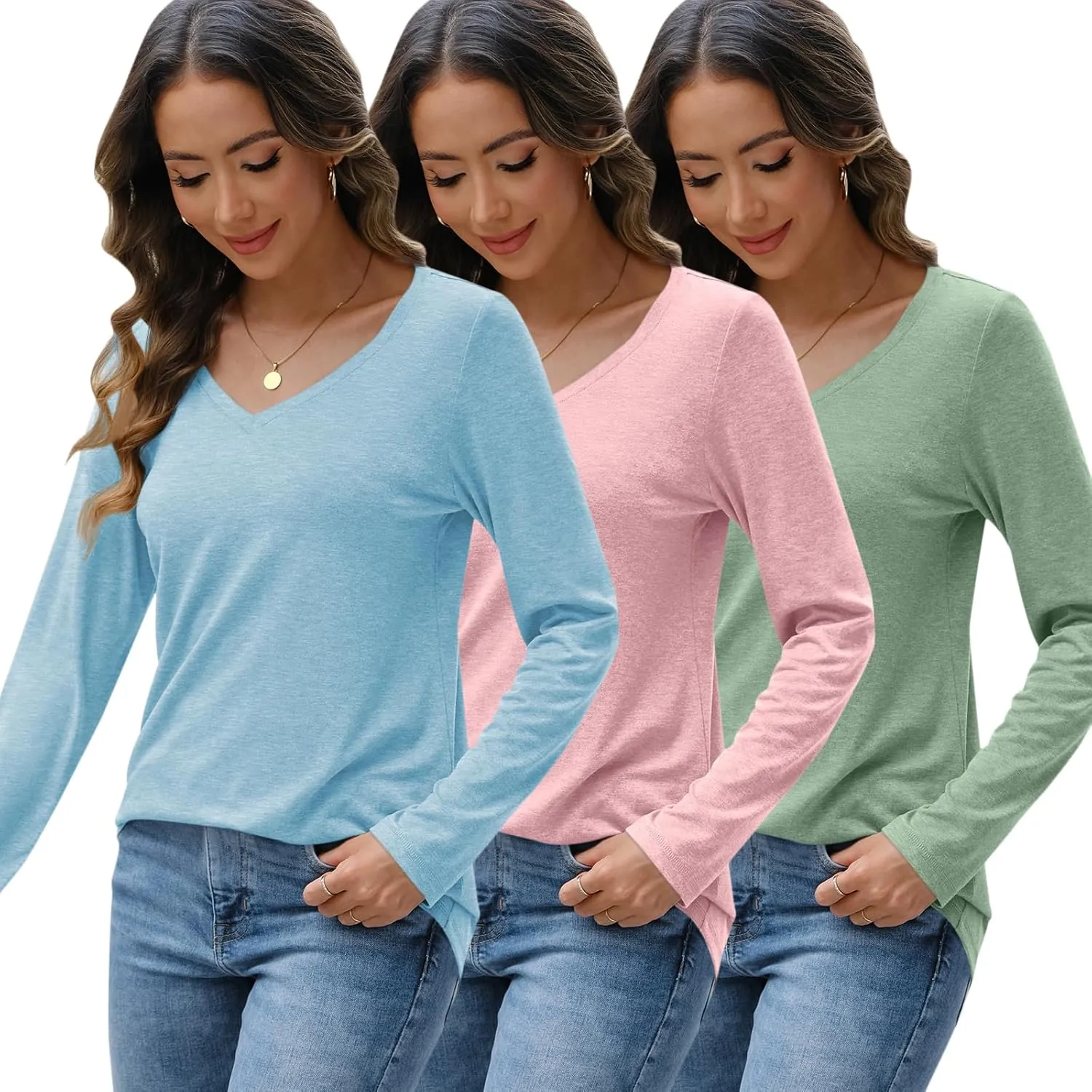 SUNBS 3 Pack Womens Long Sleeve Shirts V Neck Tops Loose Fit Causal Fall Fashion Outfits Trendy Clothes Winter 2025