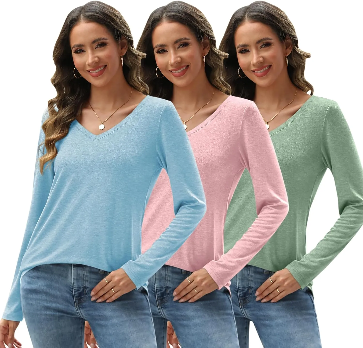 SUNBS 3 Pack Womens Long Sleeve Shirts V Neck Tops Loose Fit Causal Fall Fashion Outfits Trendy Clothes Winter 2025