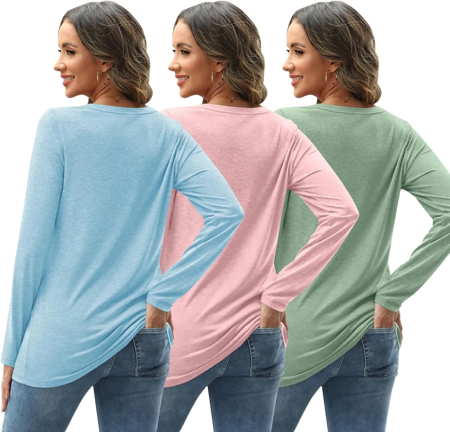 SUNBS 3 Pack Womens Long Sleeve Shirts V Neck Tops Loose Fit Causal Fall Fashion Outfits Trendy Clothes Winter 2025