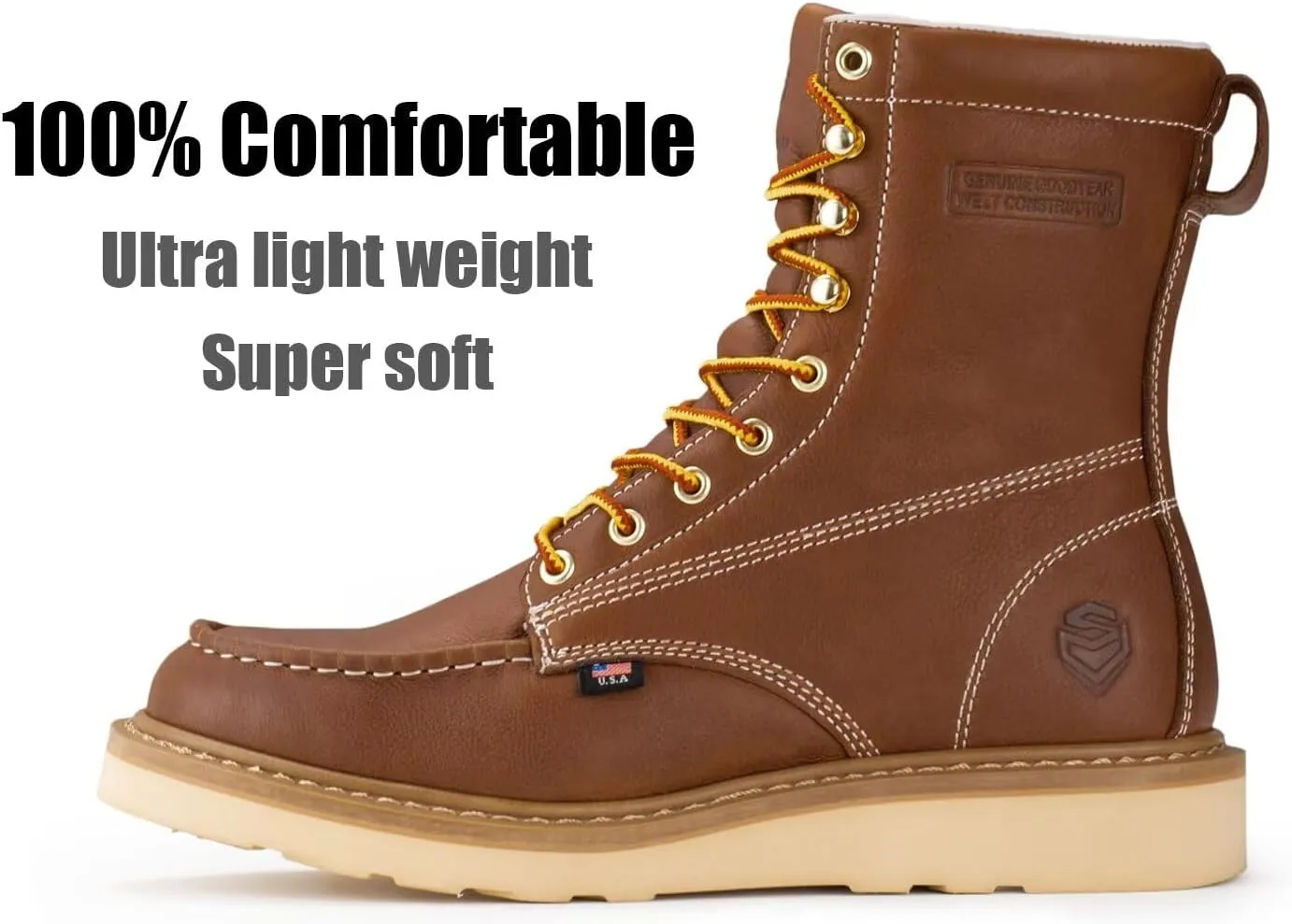 SUREWAY 8in Wedge Moc Toe Work Boots for Men - Soft Toe,Premium Full-Grain Leather,Safety Work Boots/Shoes,Comfort Insole,Oil/Slip Resistant,Real Goodyear,EH Rated Industrial Construction