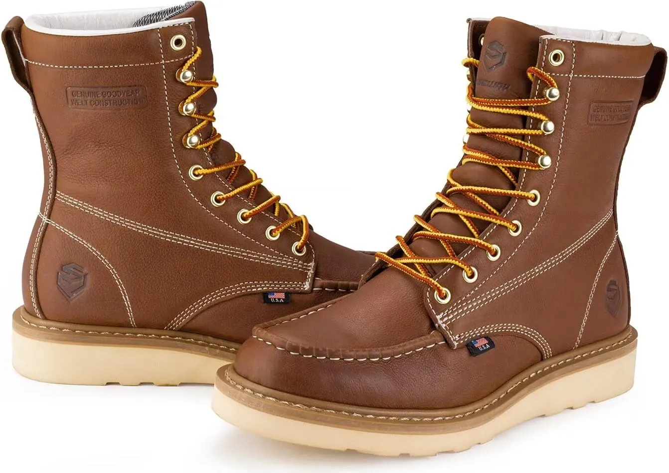 SUREWAY 8in Wedge Moc Toe Work Boots for Men - Soft Toe,Premium Full-Grain Leather,Safety Work Boots/Shoes,Comfort Insole,Oil/Slip Resistant,Real Goodyear,EH Rated Industrial Construction