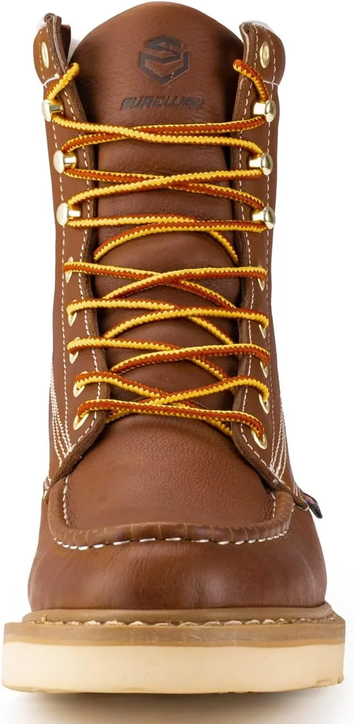 SUREWAY 8in Wedge Moc Toe Work Boots for Men - Soft Toe,Premium Full-Grain Leather,Safety Work Boots/Shoes,Comfort Insole,Oil/Slip Resistant,Real Goodyear,EH Rated Industrial Construction