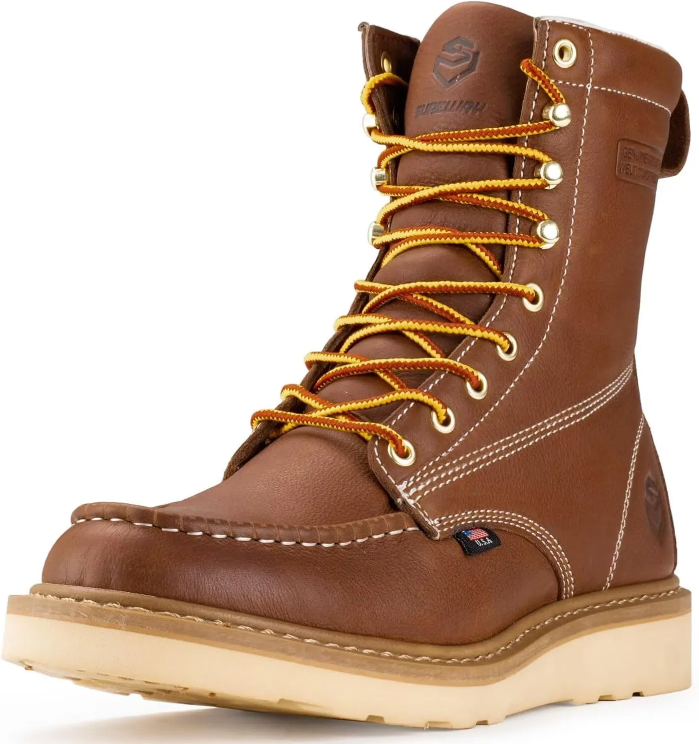 SUREWAY 8in Wedge Moc Toe Work Boots for Men - Soft Toe,Premium Full-Grain Leather,Safety Work Boots/Shoes,Comfort Insole,Oil/Slip Resistant,Real Goodyear,EH Rated Industrial Construction