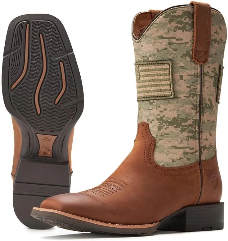 SUREWAY Cowboy Boots For Men - Mens Square Toe Western Boot With Flag,Oil/Slip Resistant,Durable Fashionable Classic Pull on Boots