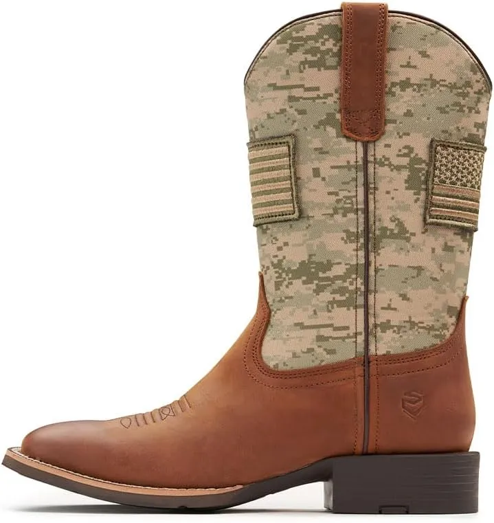 SUREWAY Cowboy Boots For Men - Mens Square Toe Western Boot With Flag,Oil/Slip Resistant,Durable Fashionable Classic Pull on Boots