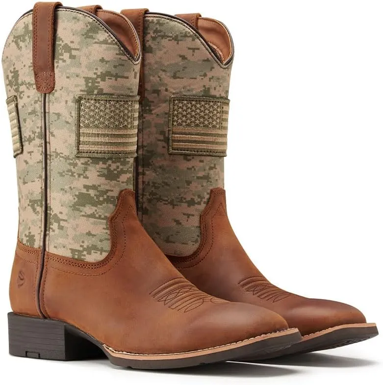 SUREWAY Cowboy Boots For Men - Mens Square Toe Western Boot With Flag,Oil/Slip Resistant,Durable Fashionable Classic Pull on Boots