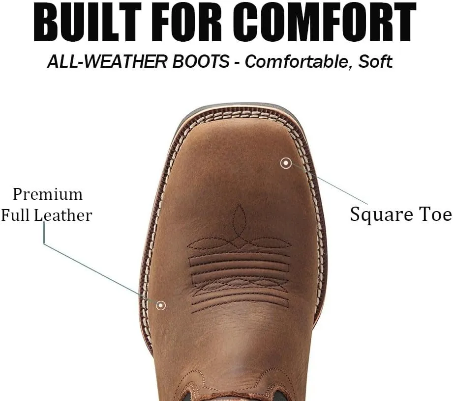 SUREWAY Western Boots For Men - Mens Square Toe Cowboy Boot,Oil/Slip Resistant,Durable Fashionable Classic Pull on 10 Inch Boots,Mid Calf Soft toe Wellington Boots