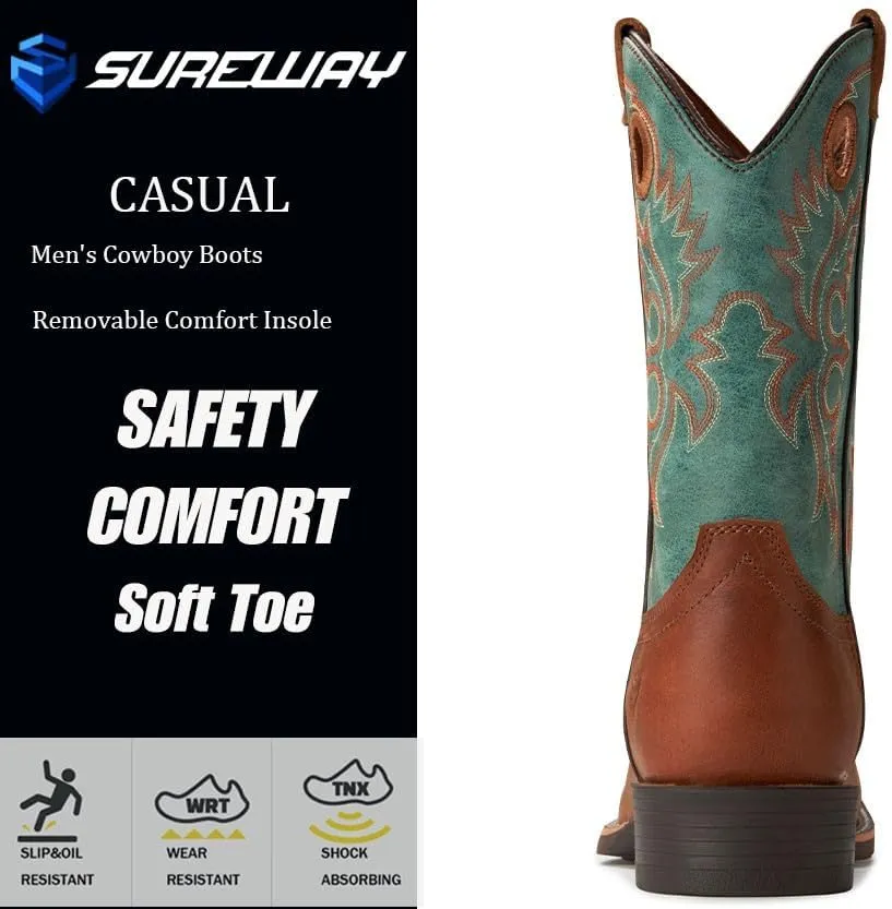 SUREWAY Western Boots For Men - Mens Square Toe Cowboy Boot,Oil/Slip Resistant,Durable Fashionable Classic Pull on 10 Inch Boots,Mid Calf Soft toe Wellington Boots