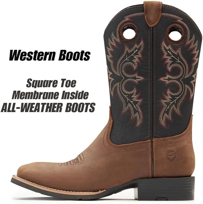 SUREWAY Western Boots For Men - Mens Square Toe Cowboy Boot,Oil/Slip Resistant,Durable Fashionable Classic Pull on 10 Inch Boots,Mid Calf Soft toe Wellington Boots