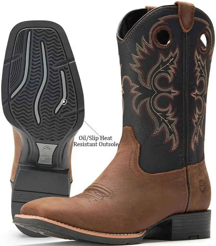 SUREWAY Western Boots For Men - Mens Square Toe Cowboy Boot,Oil/Slip Resistant,Durable Fashionable Classic Pull on 10 Inch Boots,Mid Calf Soft toe Wellington Boots
