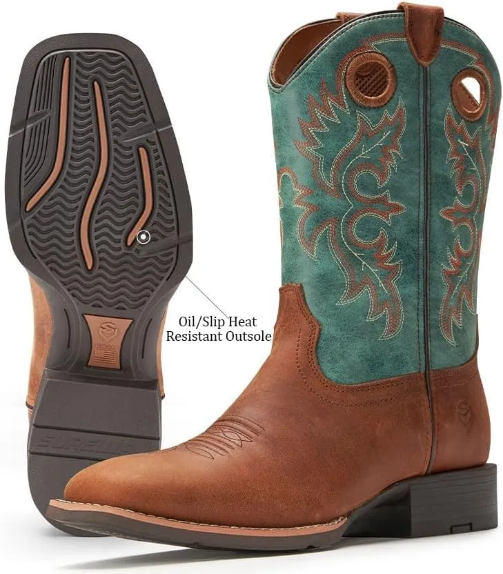 SUREWAY Western Boots For Men - Mens Square Toe Cowboy Boot,Oil/Slip Resistant,Durable Fashionable Classic Pull on 10 Inch Boots,Mid Calf Soft toe Wellington Boots