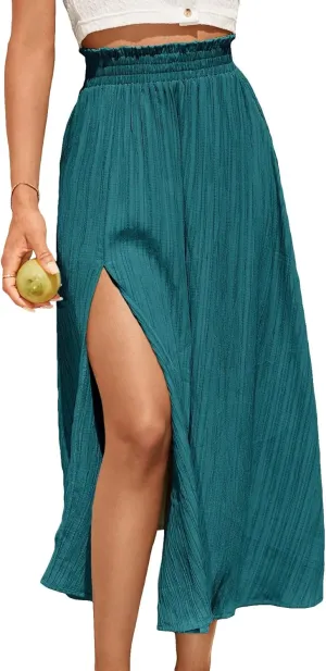 SweatyRocks Women's Casual High Waist Split Thigh Skirts High Waisted Solid Midi Skirts