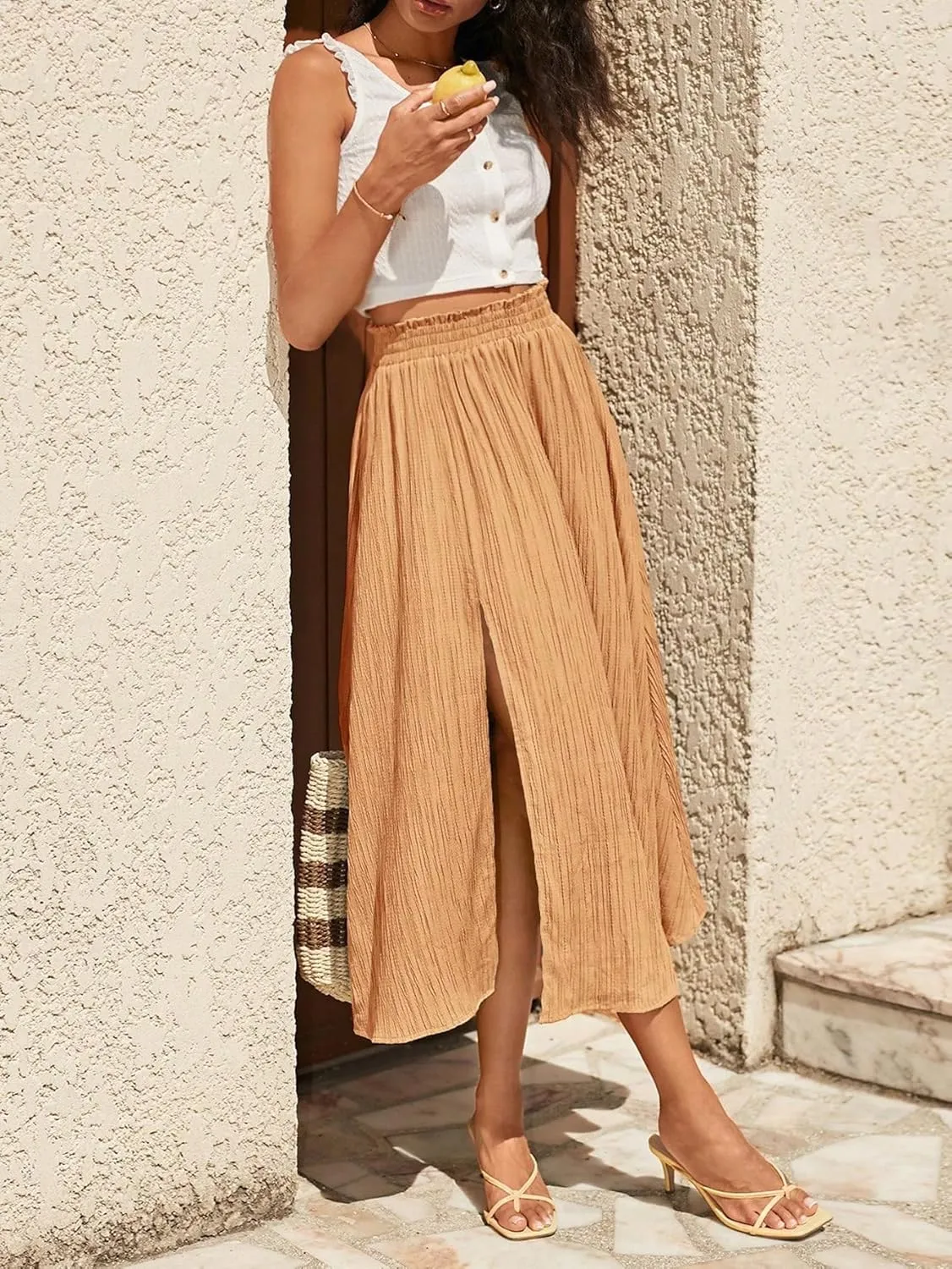SweatyRocks Women's Casual High Waist Split Thigh Skirts High Waisted Solid Midi Skirts
