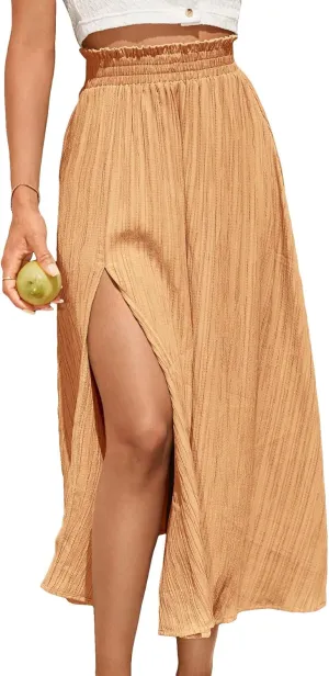 SweatyRocks Women's Casual High Waist Split Thigh Skirts High Waisted Solid Midi Skirts