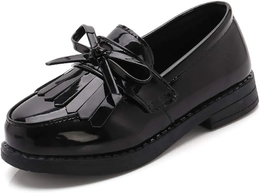 TangDao Toddler Little Kids Girls Slip On Round Toe Patent Leather Penny Loafers Flats School Uniform Kids Tassel Bowknot Boat Casual Princess Dress Shoes