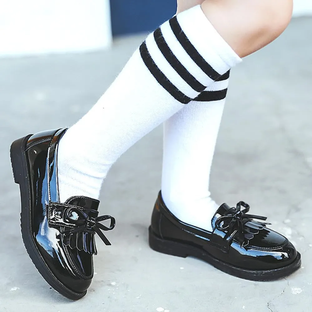 TangDao Toddler Little Kids Girls Slip On Round Toe Patent Leather Penny Loafers Flats School Uniform Kids Tassel Bowknot Boat Casual Princess Dress Shoes