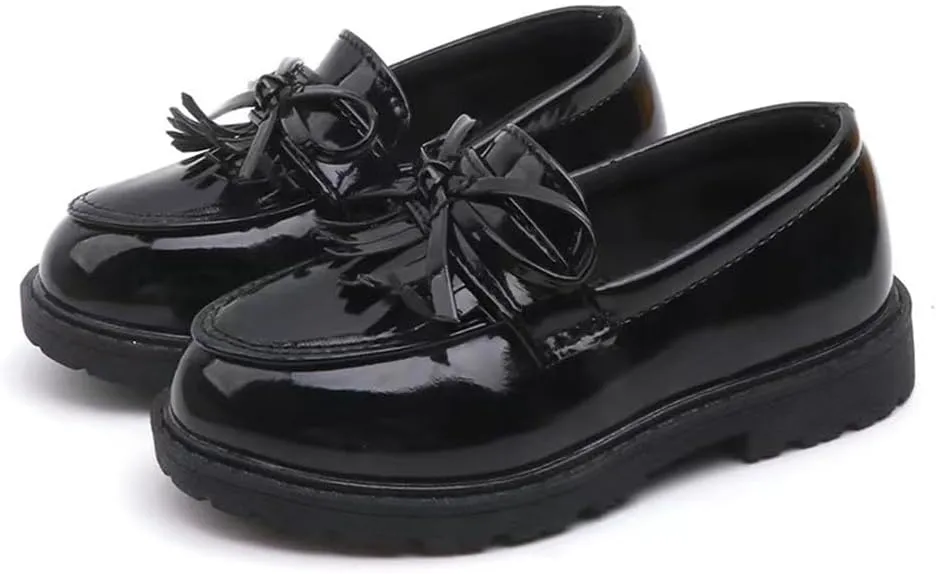 TangDao Toddler Little Kids Girls Slip On Round Toe Patent Leather Penny Loafers Flats School Uniform Kids Tassel Bowknot Boat Casual Princess Dress Shoes