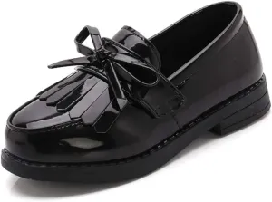 TangDao Toddler Little Kids Girls Slip On Round Toe Patent Leather Penny Loafers Flats School Uniform Kids Tassel Bowknot Boat Casual Princess Dress Shoes